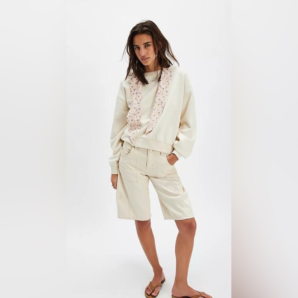 Free People Cream Relaxed Sweatshirt with Floral Scarf Detail